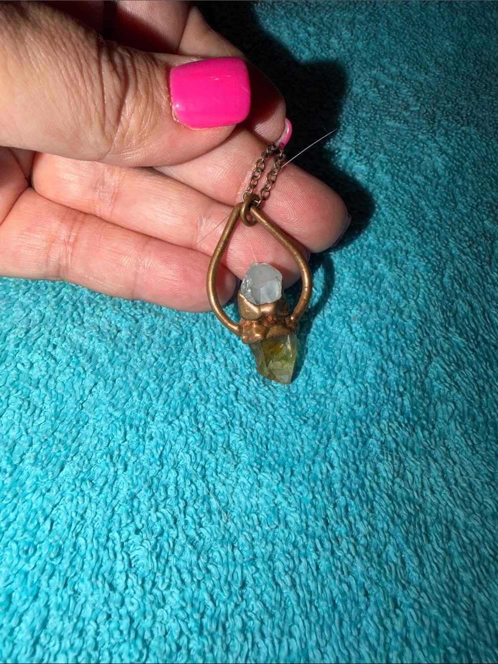 Handcrafted Brass Teardrop Crystal Pendant Necklace - Green & Clear